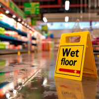 Yellow sign Wet floor. Wet floor in a supermarket.